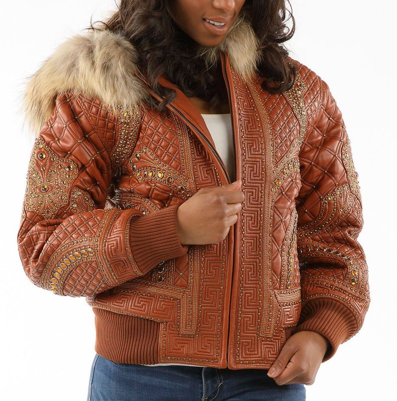 Fur Hooded Pelle Pelle Brown Studded Leather Jacket