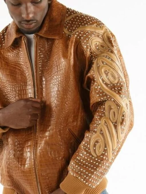 Alligator Texture Pelle Pelle Brown Leather Jacket
