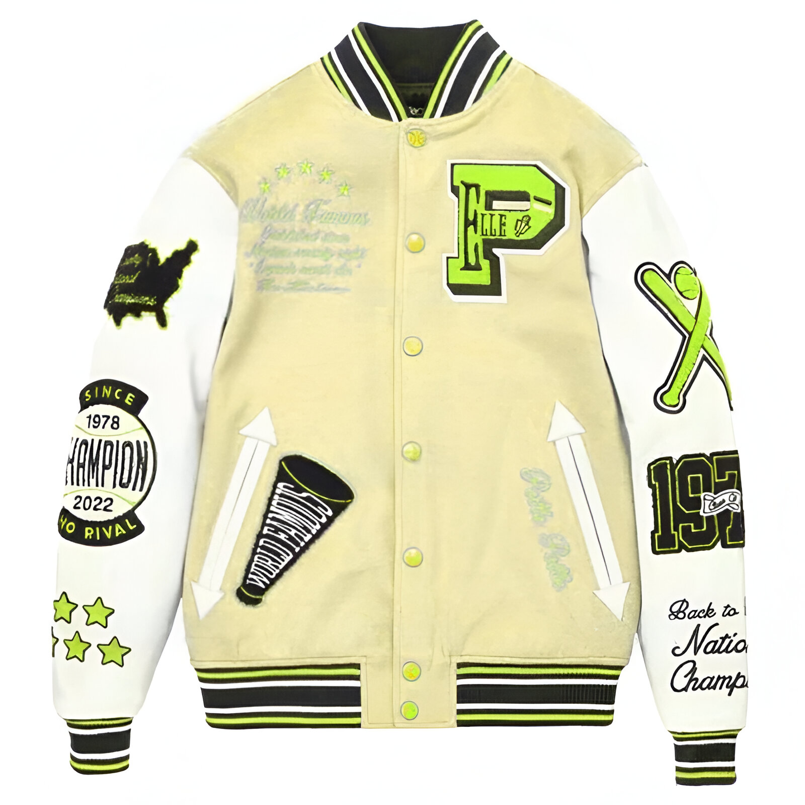 Champion-Pelle-Pelle-Cream-Varsity-Jacket.jpeg Champion Pelle Pelle Cream Varsity Jacket - Image 1