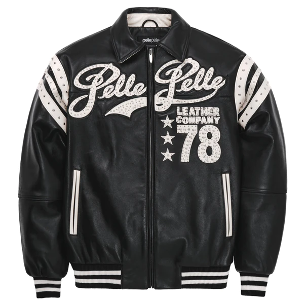 Men Pelle Pelle Encrusted Varsity Plush Black Jacket