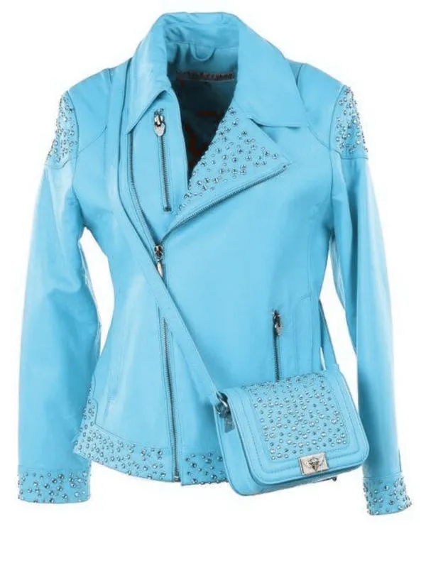 Pelle Pelle Studded Asymmetrical Princess Cut Light Blue Jacket