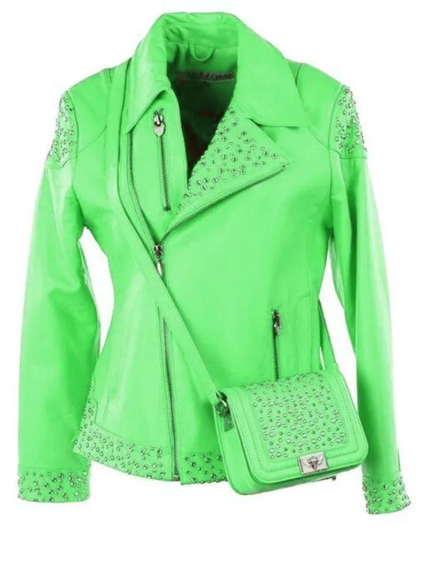 Pelle Pelle Studded Asymmetrical Princess Cut Green Jacket
