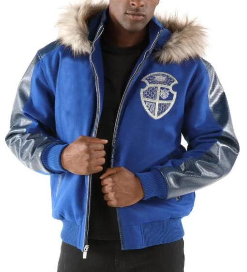 Pelle Pelle Dynasty Blue Fur Hood Wool Leather Jacket