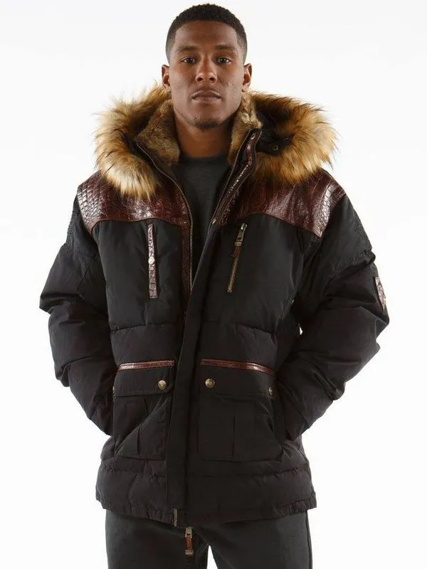 Pelle Pelle Mens Black Long Fur Hooded Coat
