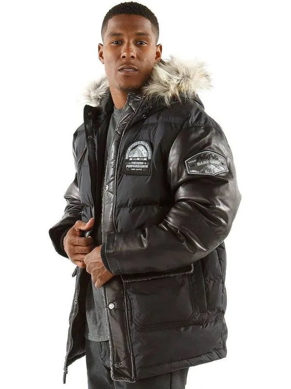 Pelle Pelle Mens Black Puffer Long Fur Hooded Coat