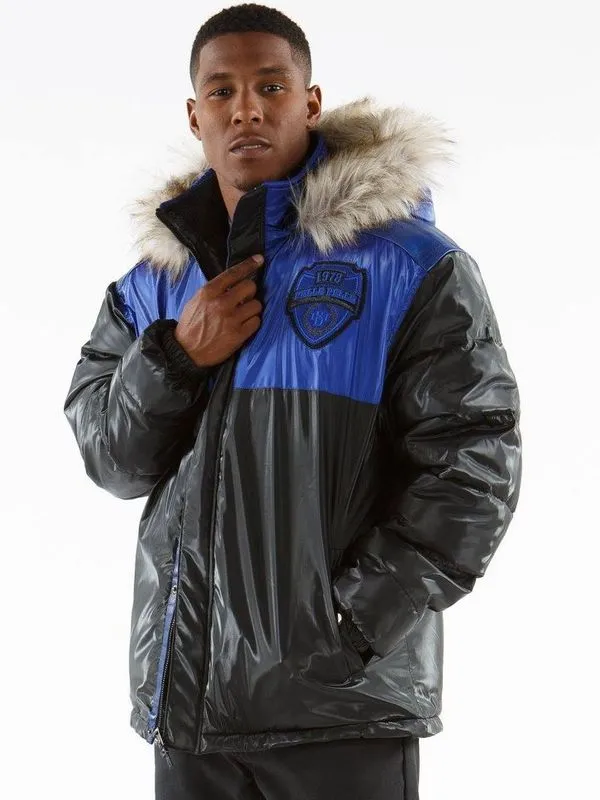 Pelle Pelle Mens Gray and Blue Puffer Long Fur Hooded Coat