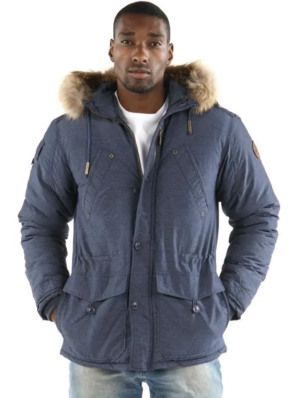 Pelle Pelle Mens Signature Navy Blue Fur Hooded Wool Jacket