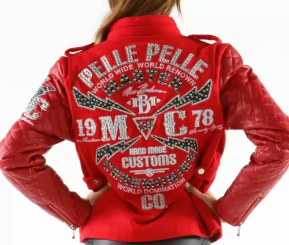 Pelle-Pelle-Red-MC-Studded-Varsity-Jacket.webp Pelle Pelle Red MC Studded Varsity Jacket - Image 1
