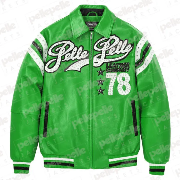 Pelle-Pelle-Verdi-Black-Leather-Jacket-21.webp Pelle Pelle Green Encrusted Varsity Plush Jacket