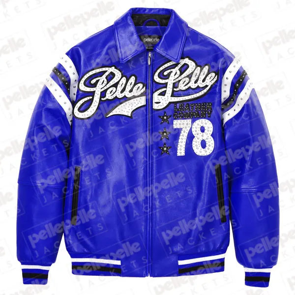 Pelle-Pelle-Verdi-Black-Leather-Jacket-23.webp Pelle Pelle Blue Encrusted Varsity Plush Jacket