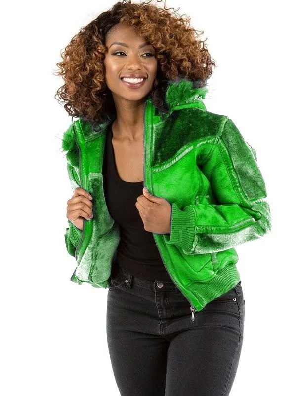Pelle Pelle Womens Green Fur Hooded Bomber Jacket