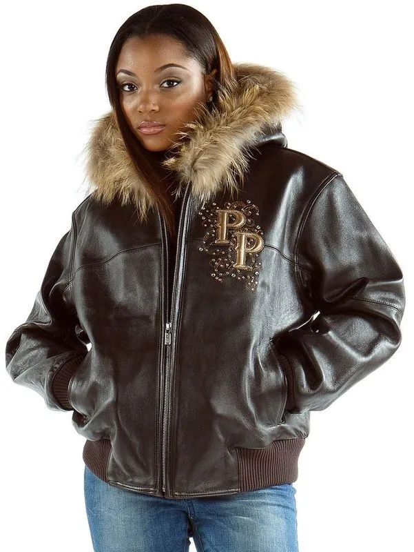 Pelle Pelle Womens Vintage Brown Fur Hooded Leather Jacket