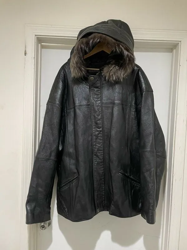 Vintage 90s Pelle Pelle Marc Buchanan Black Leather Fur Jacket
