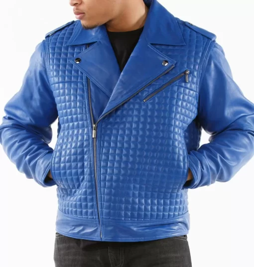 v-1.webp Pelle Pelle Blue Houndstooth Biker Leather Jacket